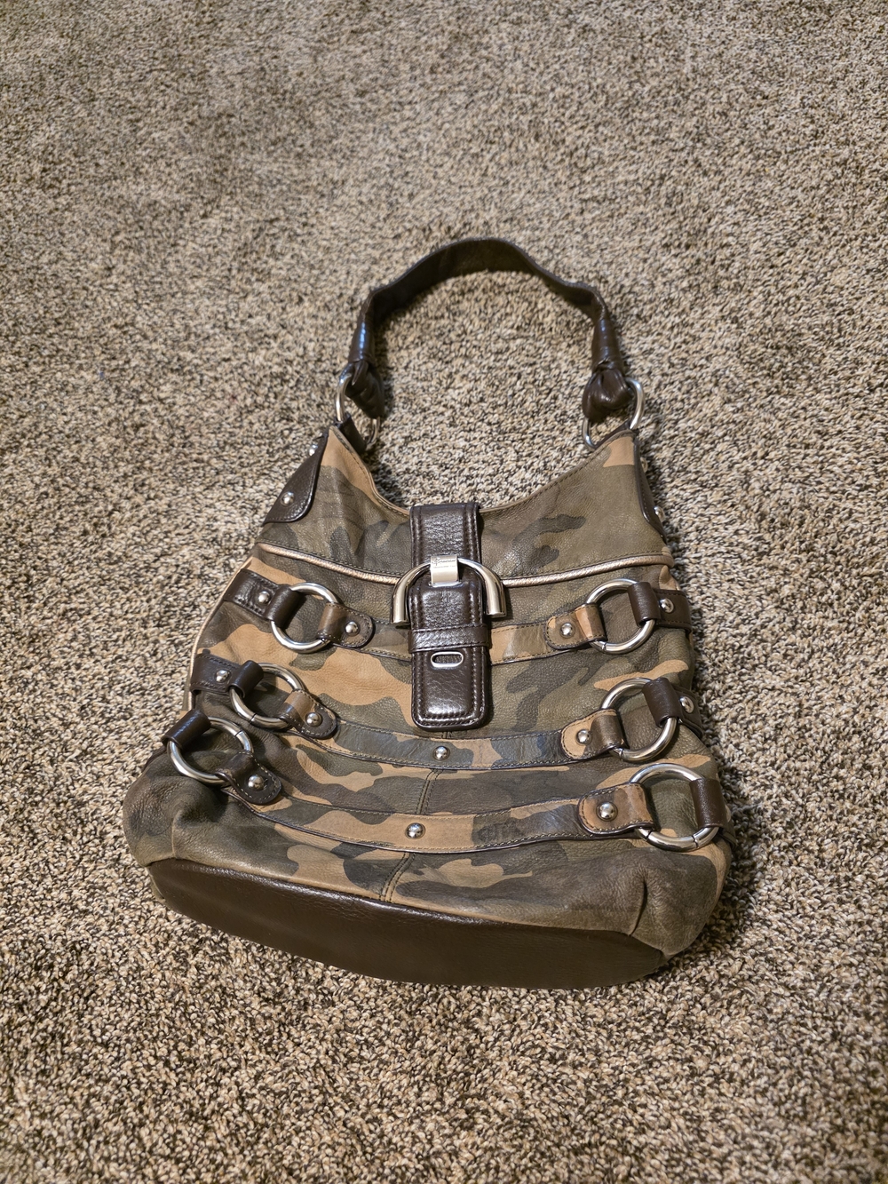 B. Makowsky Camo Shoulder Hobo Bag with Buckle Accents - Brown/Green